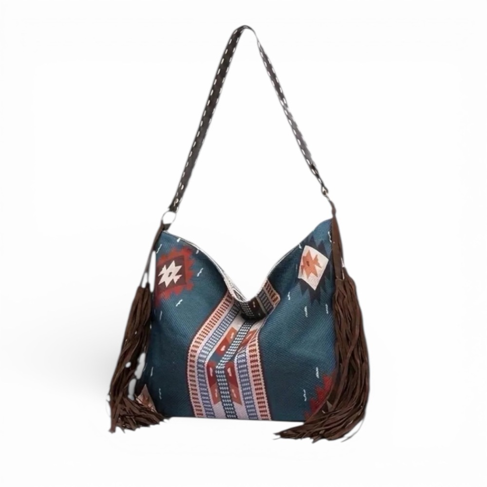Bohemian Fringe Shoulder Bag In Blue and Brown New